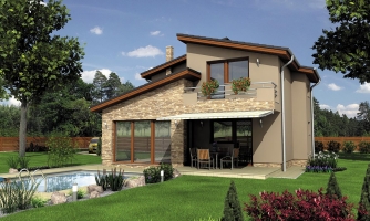 Maison moderne à plusieurs étages avec chambre au rez-de-chaussée et toits d'appentis.